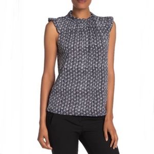 Adrianna Papell Women’s Ruffle Neck Sleeveless Navy/White Floral Top Size Medium